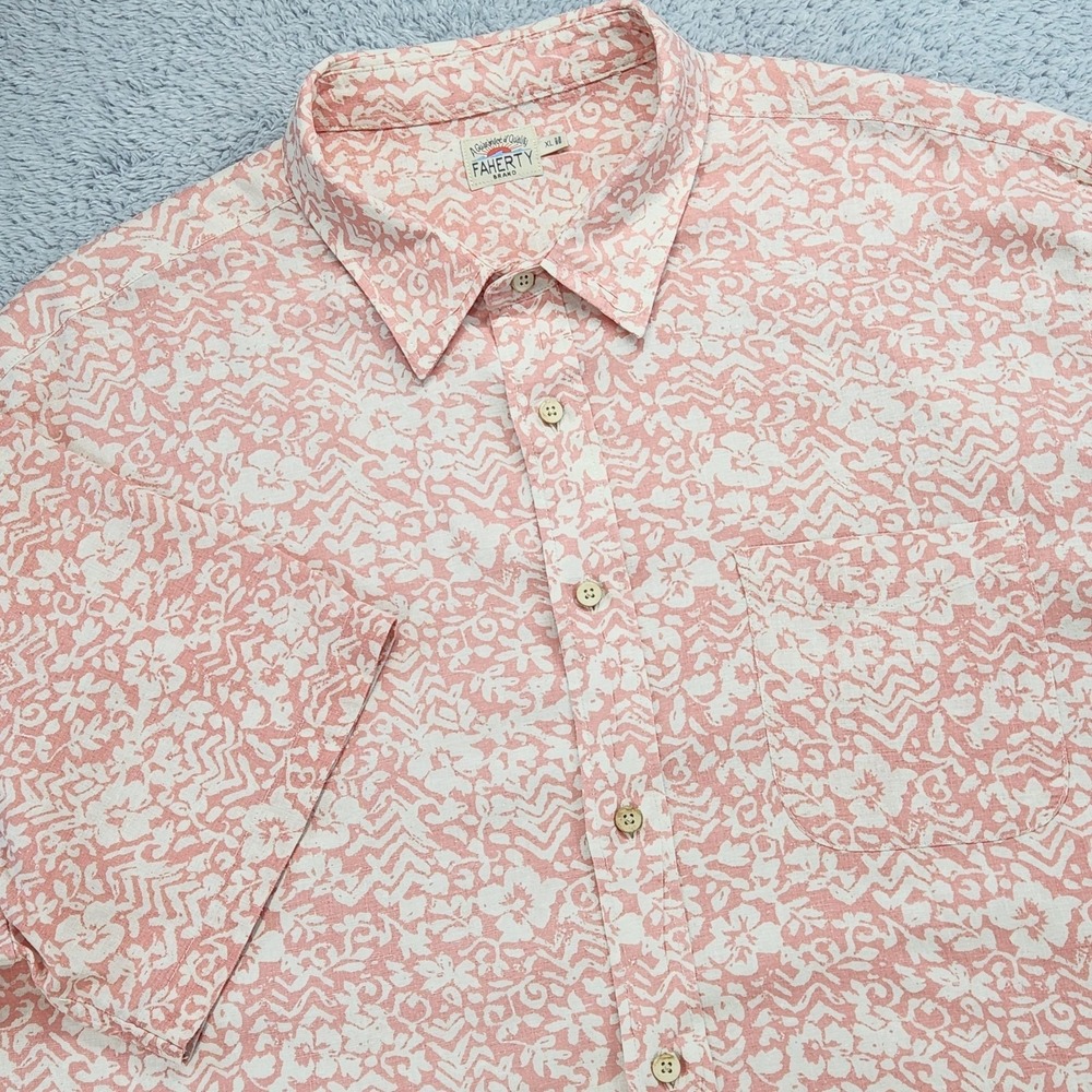 Faherty Shirt Mens XL Pink Cream Floral Hawaiian Short Sleeve Button Up Hemp